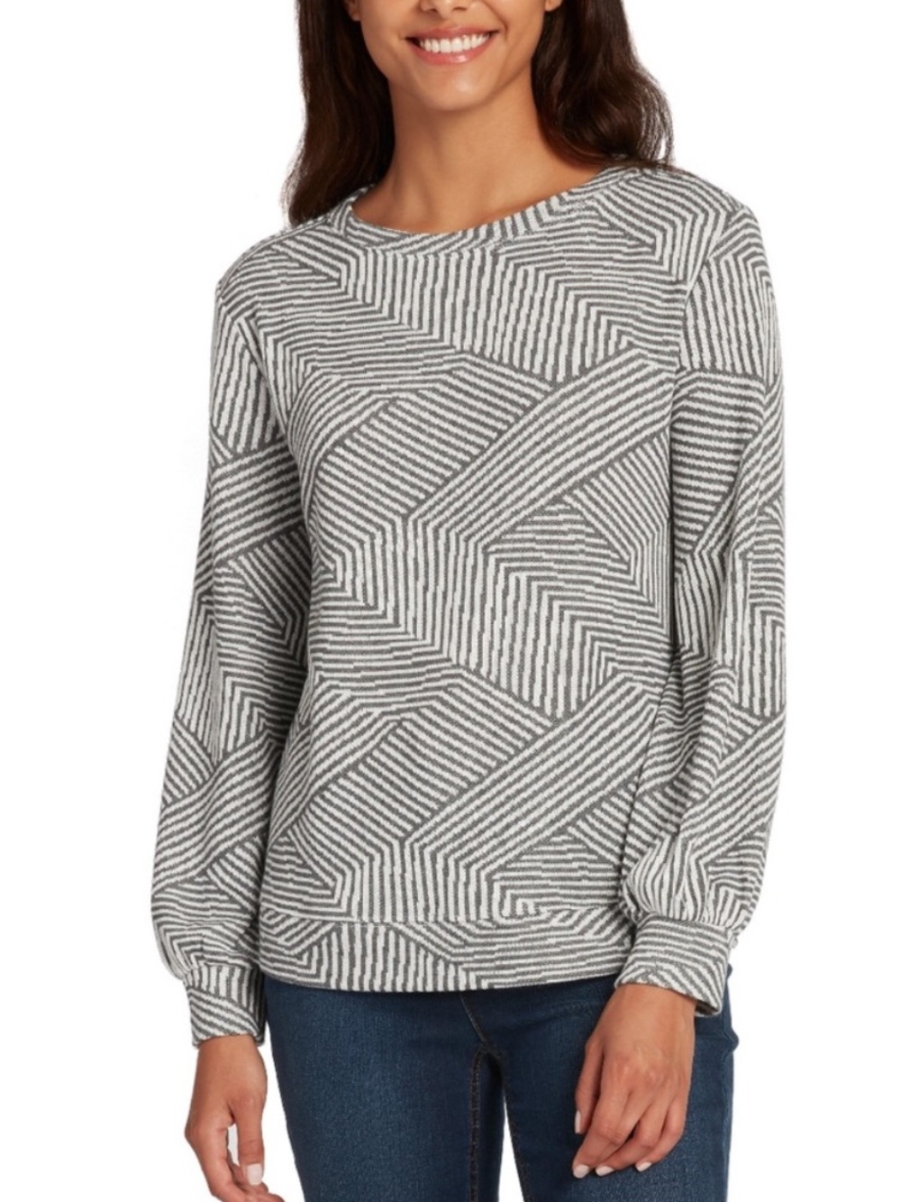 Ellen Tracy Gray White Jacquard Stripe Crewneck Top Size M Soft Knit